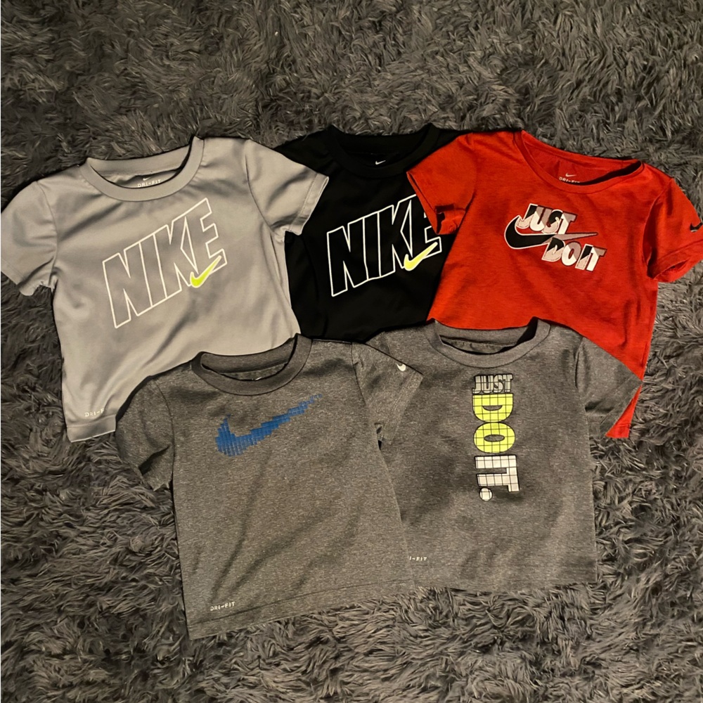 Five Nike Dri-Fit Kids Shirts - Gray, Black, Red